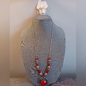 C 1946 Statement Necklace Earring Set, Deep Red + Silver-toned New
